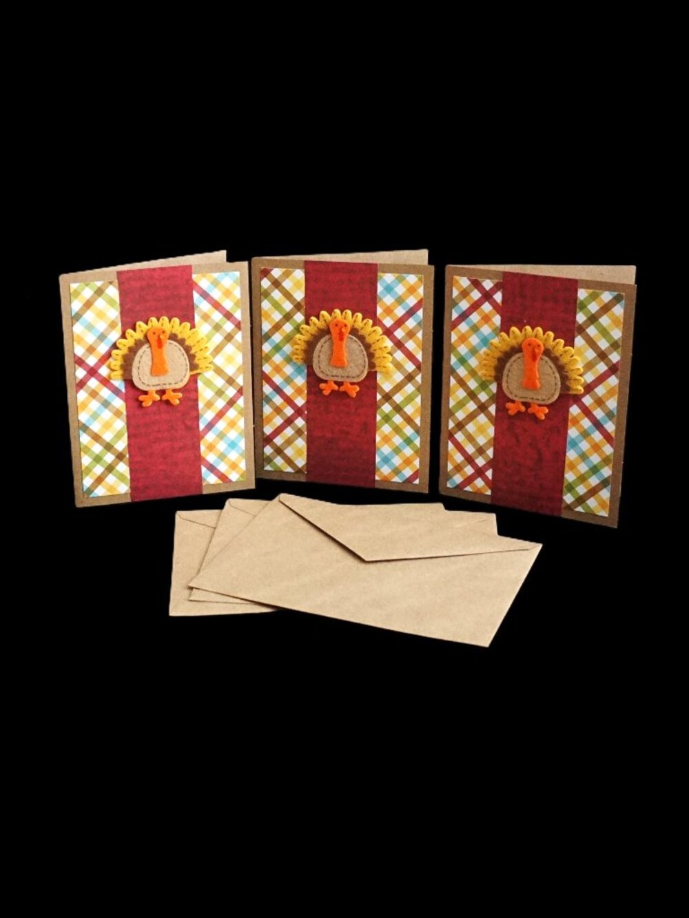 3 Thanksgiving Handmade Greeting Cards 5 x 6.5 Turkeys with Fall Plaid